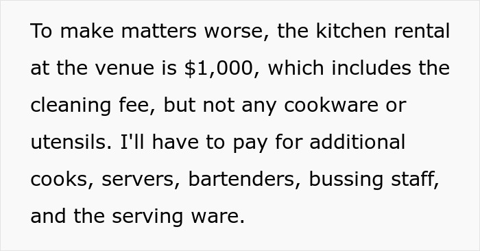 Text detailing wedding money for kitchen rental, staff, and food at a brother's wedding, highlighting extra costs.