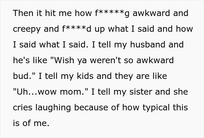The narrator's realization of their funny running stalker behavior and family's reactions. The narrator's realization of their funny running stalker behavior and family's reactions.