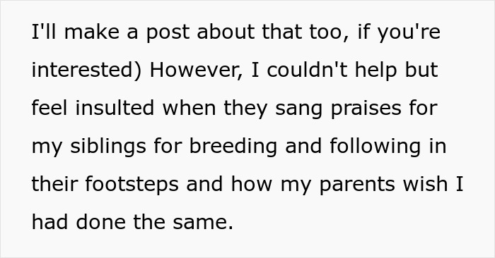 Parents praise siblings for having kids while resenting rich daughter for not following Parents praise siblings for having kids while resenting rich daughter for not following