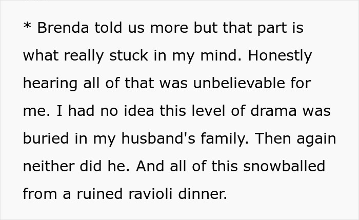 Text describing drama in husband's family triggered by ruined ravioli dinner