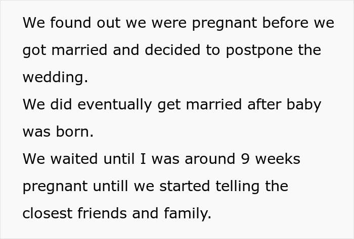 A snippet of text details a couple postponing their wedding after discovering pregnancy, then marrying after their baby was born.