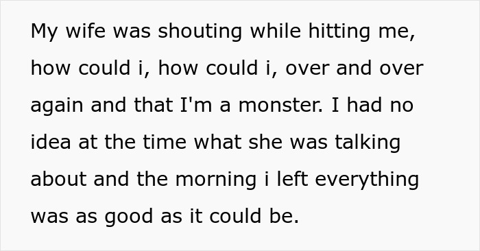 Text box with a husband's account of his postpartum wife attacking him. He describes her hitting him and calling him a monster.