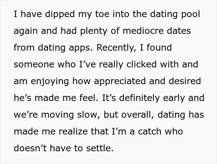 Text about dating again and feeling appreciated after husband's betrayal