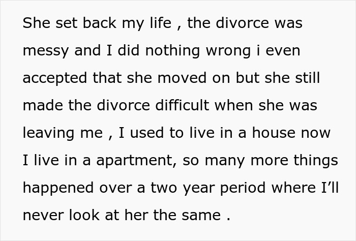 Text on screen: "She set back my life, the divorce was messy... never look at her the same." Ex wants to reconcile after affair. Text on screen: "She set back my life, the divorce was messy... never look at her the same." Ex wants to reconcile after affair.