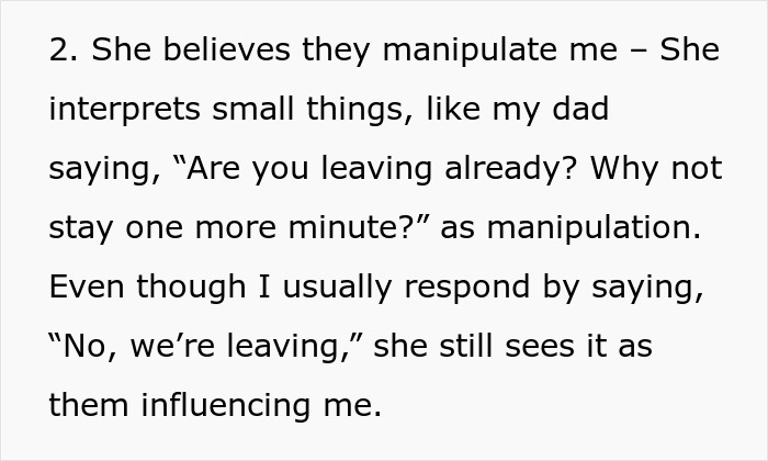 Text describing how a fianc&eacute;e sees a simple question as parental manipulation, leading to conflict.