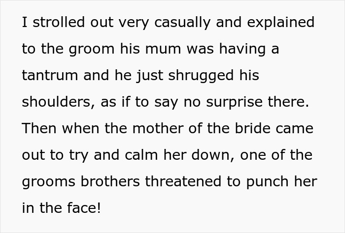 Text about mother in law causing wedding scene and groom's brother threatening bride's mother Text about mother in law causing wedding scene and groom's brother threatening bride's mother
