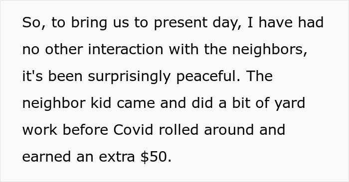 Text about peaceful interactions and yard work after fence damage