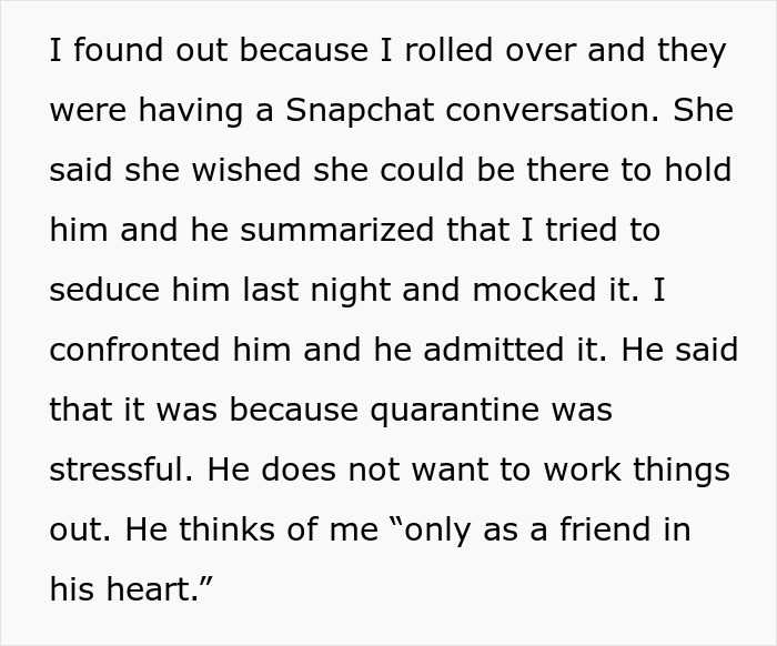 Text explaining how a woman found out about husband's Snapchat affair