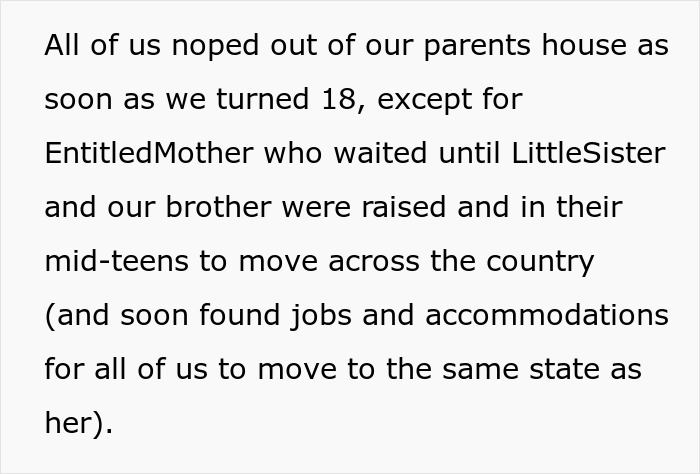Text on family moving away except for eldest sister, sibling revenge theme