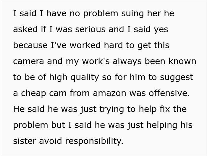 Text describing a woman threatening to sue an irresponsible sister-in-law, a husband's suggested fix only making it worse.