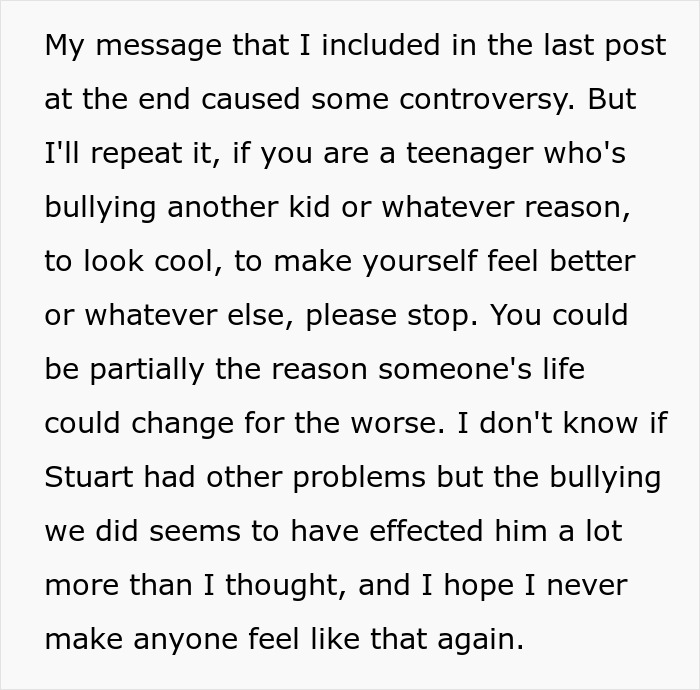 Statement urging teenagers to stop bullying others to avoid harm