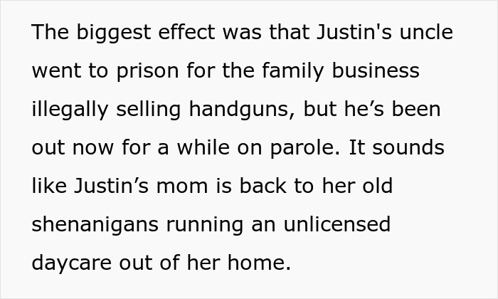 Text describing legal consequences in cult family story