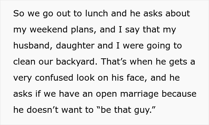 Text details a woman accepting a coworker's lunch invitation, mistaking it for casual, only to realize he thinks it's a date.