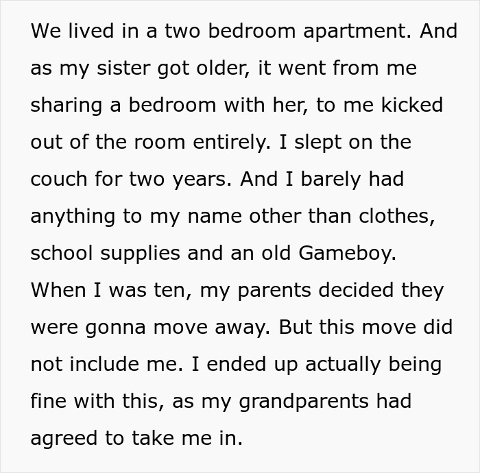 Text describing living in a two-bedroom apartment and being kicked out by parents at age ten