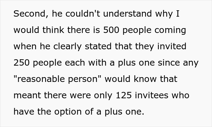 Text about brother wedding money, food, and the guest list confusion for 125 invitees with plus ones.