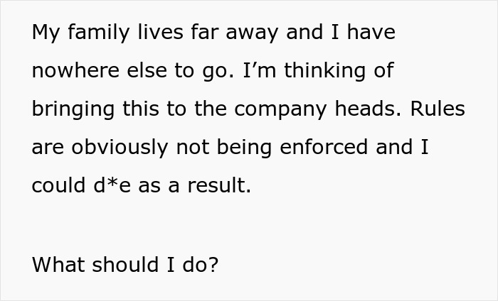A white background with black text describing a woman's roommate putting her life at risk, asking for advice.