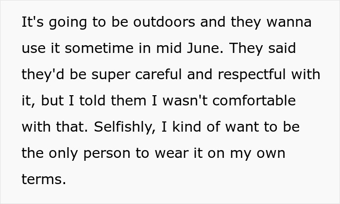 Text about refusing to lend dream wedding dress for outdoor photoshoot Text about refusing to lend dream wedding dress for outdoor photoshoot