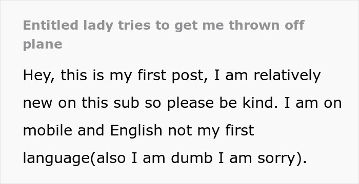 Text from an online post titled Entitled lady tries to get me thrown off plane. Karen shames guy for eating meat near her.