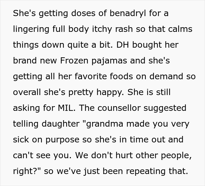 A white text box with black text describing a child's recovery and the mother's response to MIL's allergies test.