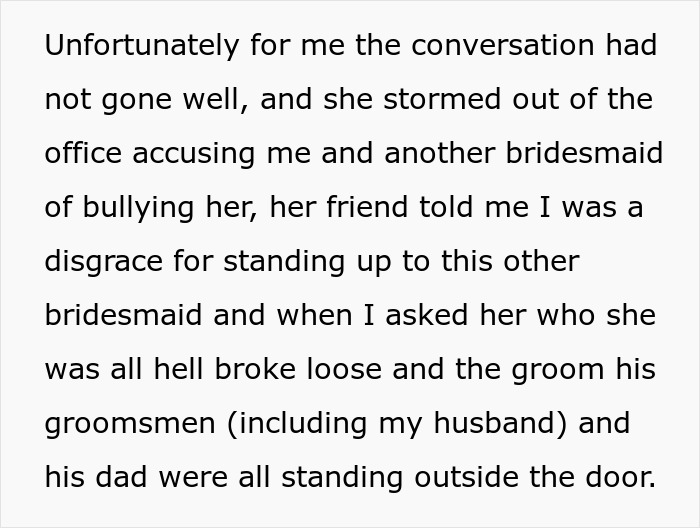 Text describing mother-in-law storming out and wedding party standing outside Text describing mother-in-law storming out and wedding party standing outside