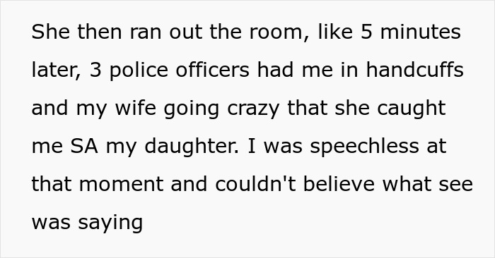A text snippet describes a postpartum wife making fake allegations, leading to her husband being handcuffed. Divorce papers will be served.
