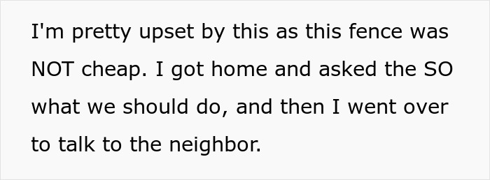 Text upset about fence damage and plans to talk to neighbor conflict
