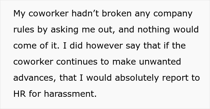 Text describing a coworker lunch invite confusion regarding a date, with a warning about reporting unwanted advances to HR for harassment.