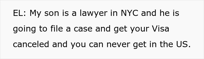 Text from Karen Shames threatens legal action: visa cancellation by a lawyer son, echoing her extreme claims against eating meat.