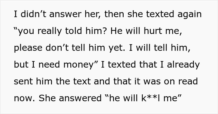 Screenshot of text messages about revealing an affair, with pleas and fears, leading to family breakups.