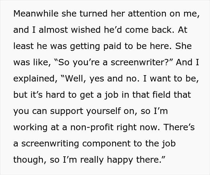 Text narrating a conversation about screenwriting and job struggles Text narrating a conversation about screenwriting and job struggles