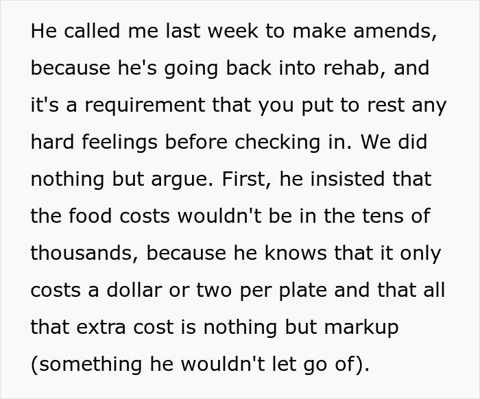 Text details a brother's argument about wedding food costs, highlighting disagreement over money and value.