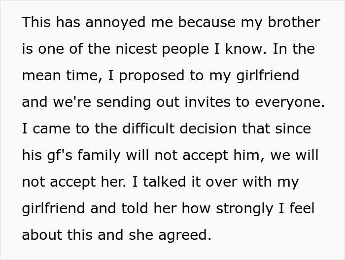 Text post about decision to ban brother's girlfriend from family events due to conflict Text post about decision to ban brother's girlfriend from family events due to conflict