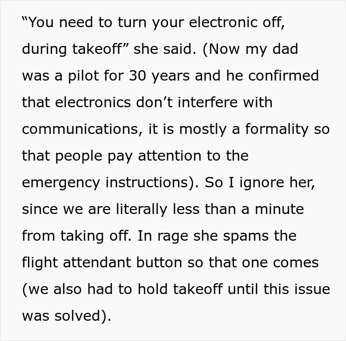 Text about a woman telling to turn off electronics during takeoff and the user ignoring her