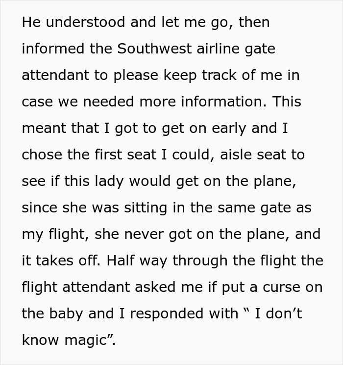 Text about Southwest airline gate attendant tracking a passenger over a curse on baby