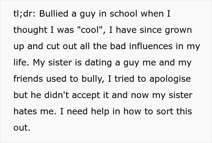 Text about apologizing for bullying sister's boyfriend and seeking help to fix relationship