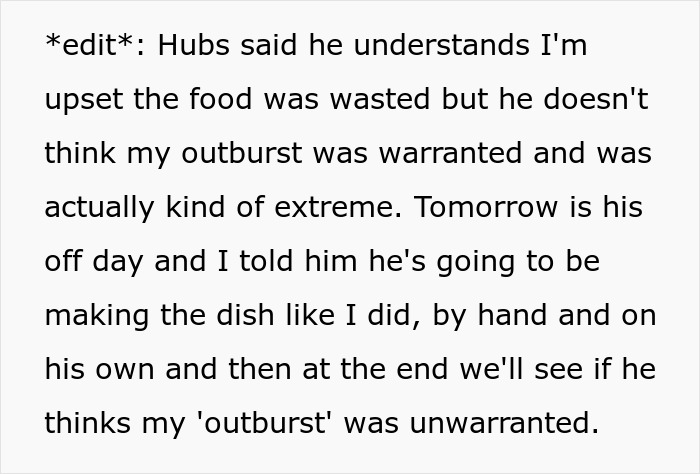 Text about husband's reaction to pasta outburst and plan to remake dish by hand