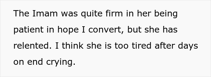 Text from an article about a wife who becomes Muslim, discussing an Imam's advice and her emotional state.