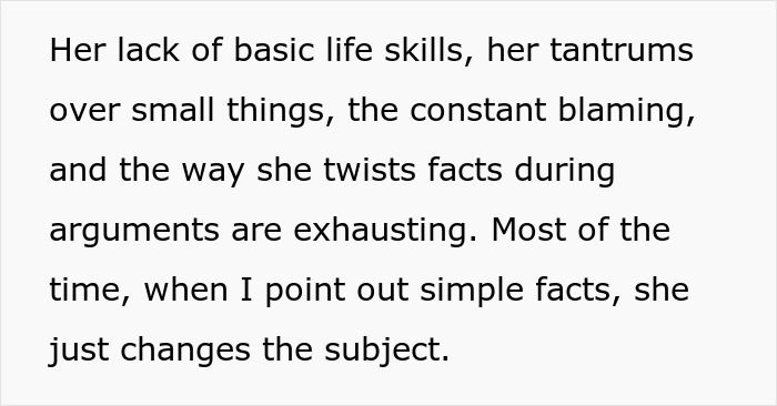 Text from a man sharing his wife's annoying honeymoon behavior, describing her lack of basic life skills and tantrums.