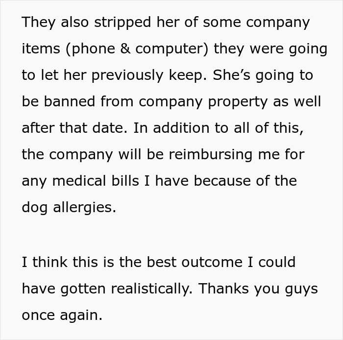 Text details a company stripping items, banning access, and reimbursing medical bills for a roommate incident. Learning to defend herself.