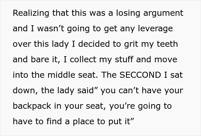 Text excerpt about the narrator moving to the middle seat and backpack seating conflict