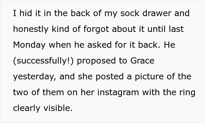 Text describing a successful proposal with an engagement ring Text describing a successful proposal with an engagement ring