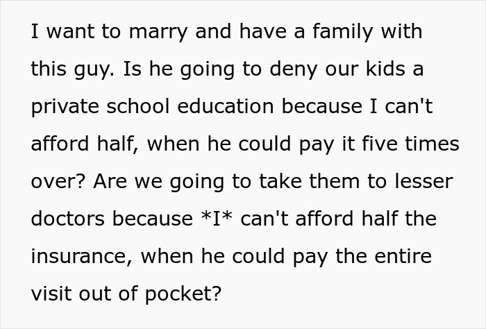 Text about girlfriend concerned over future children’s expenses with strict 50/50 financial split Text about girlfriend concerned over future children’s expenses with strict 50/50 financial split