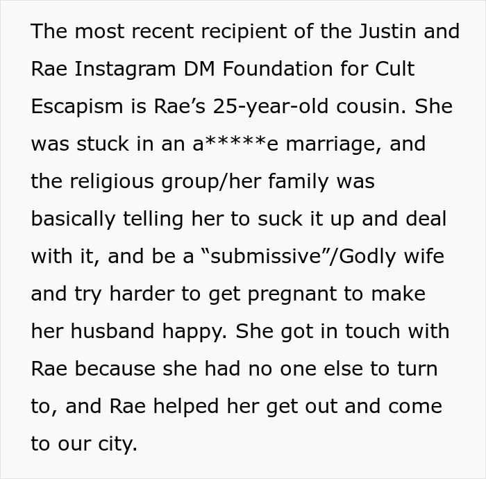 Cousin remains a True Believer despite escaping a*****e cult situation