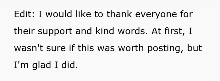 Text thanking readers for support after sharing toxic family revenge story