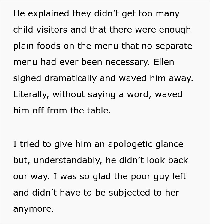 Text describing interaction with waiter about kids menu and child visitors Text describing interaction with waiter about kids menu and child visitors