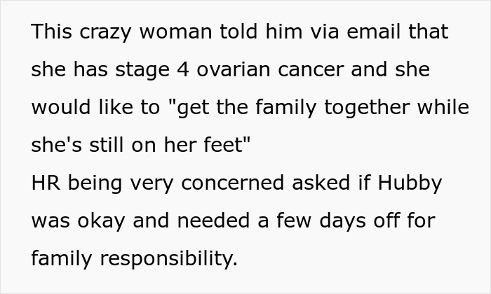 A text post detailing an email about stage 4 ovarian cancer and HR asking about time off for family. #MIL #grandchild