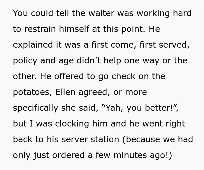 Text about waiter restraining himself during dinner fiasco at a restaurant Text about waiter restraining himself during dinner fiasco at a restaurant