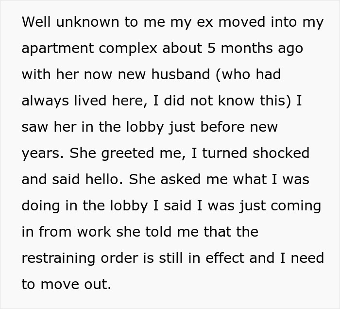 Ex-Wife Enforces Old Restraining Order After Moving Into Guy's Building, Puts His Home At Risk
