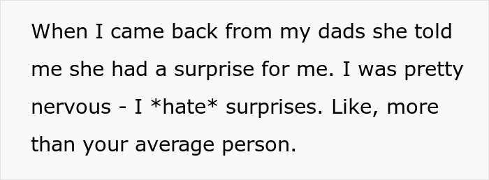 Text from a sister recounting her dislike for surprises, a relevant detail for the sibling's room redecoration.