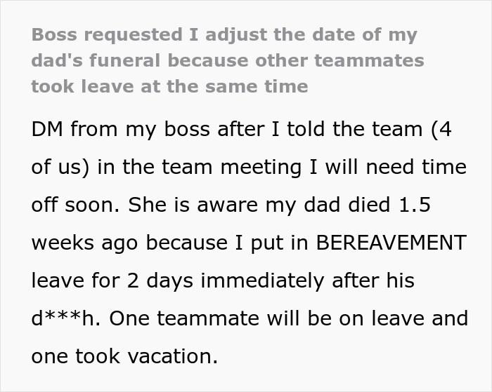 Boss requests employee adjust funeral date due to team leave overlap